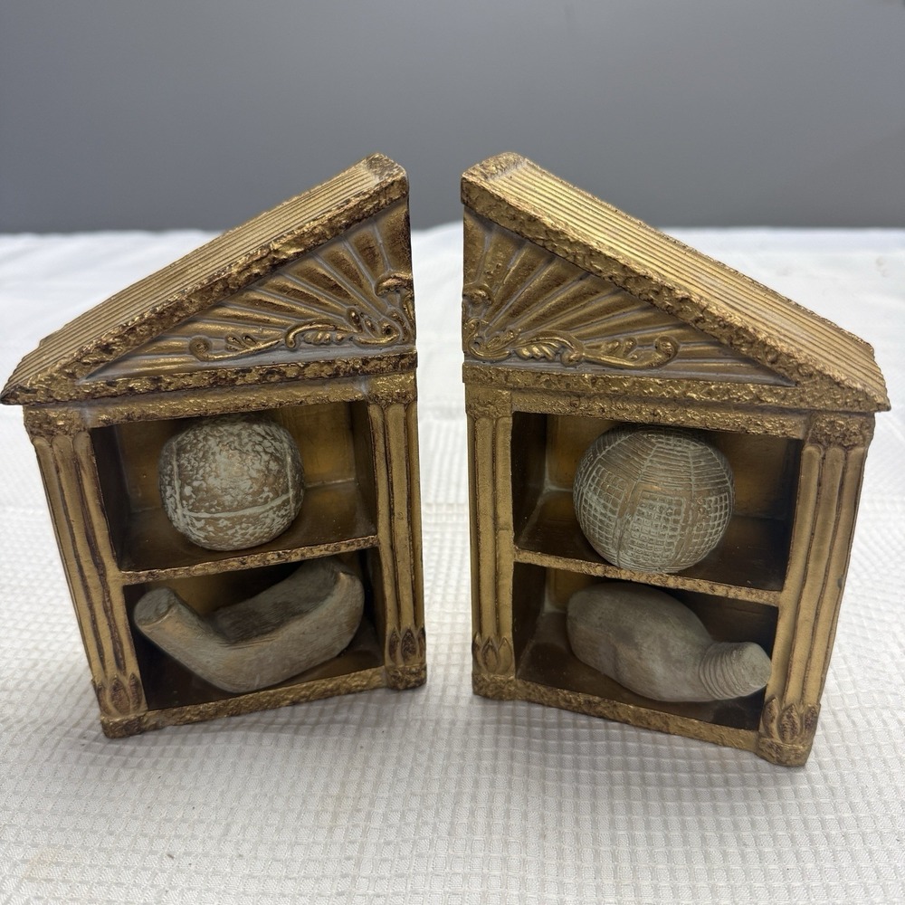 Vintage Gold Neoclassical Greek Temple Architecture Golf Club Ball Bookends Pair